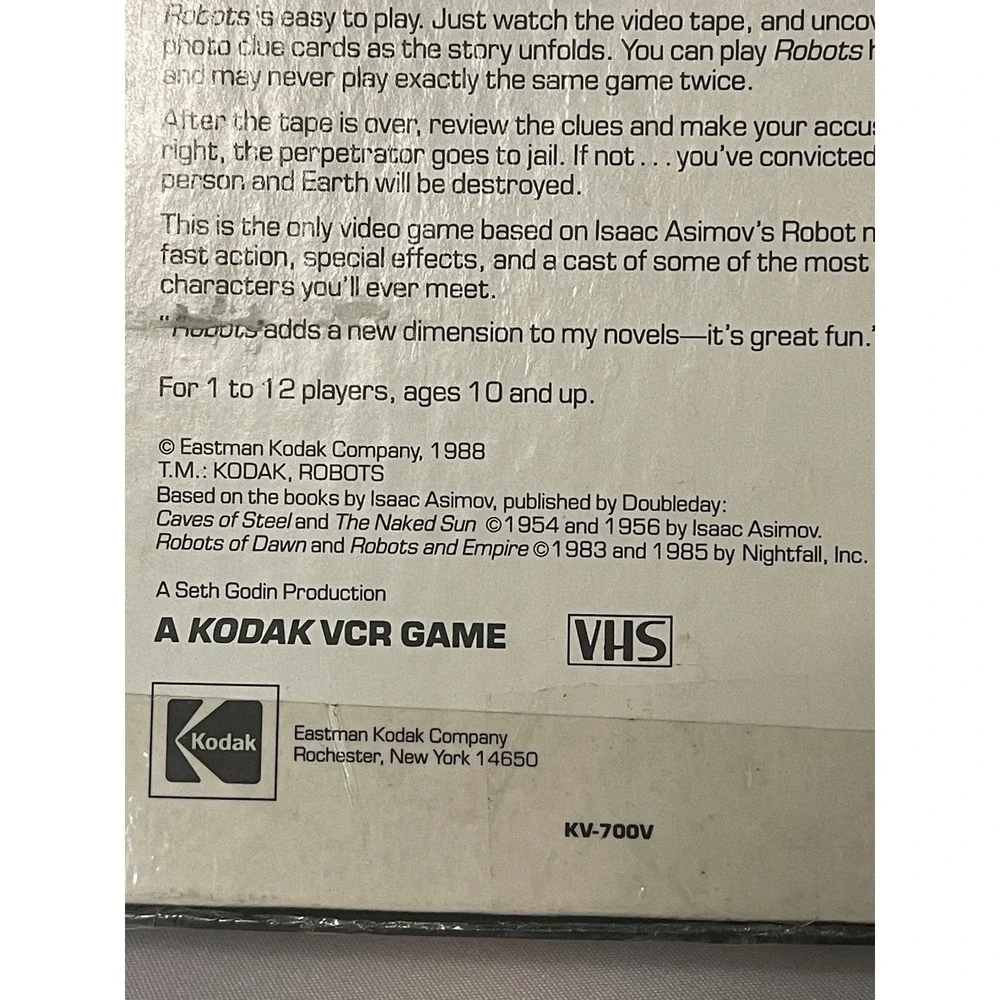 VINTAGE‎ 1988 Isaac Asimov Robots VCR Mystery Gameby Kodak-Great Shape,Complete!